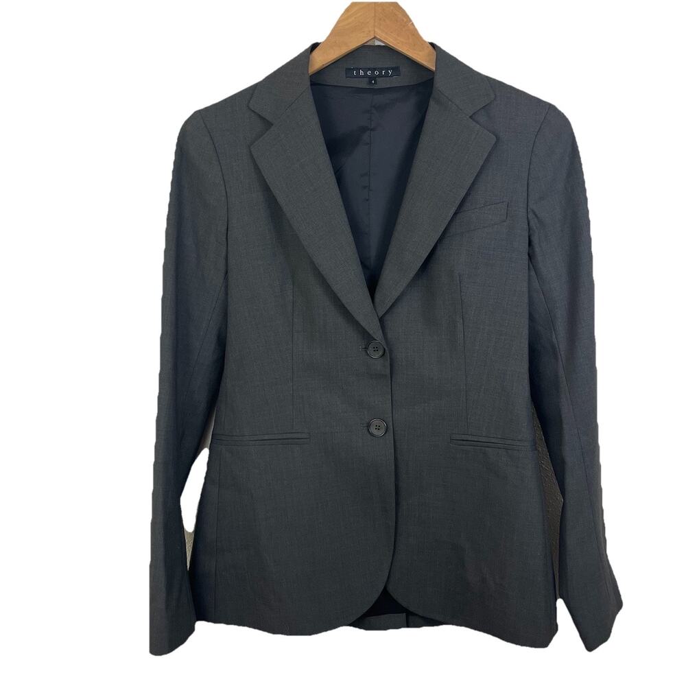 Theory Rory Blazer Womens 4 Wool Blend Two Button Career Jacket Gray